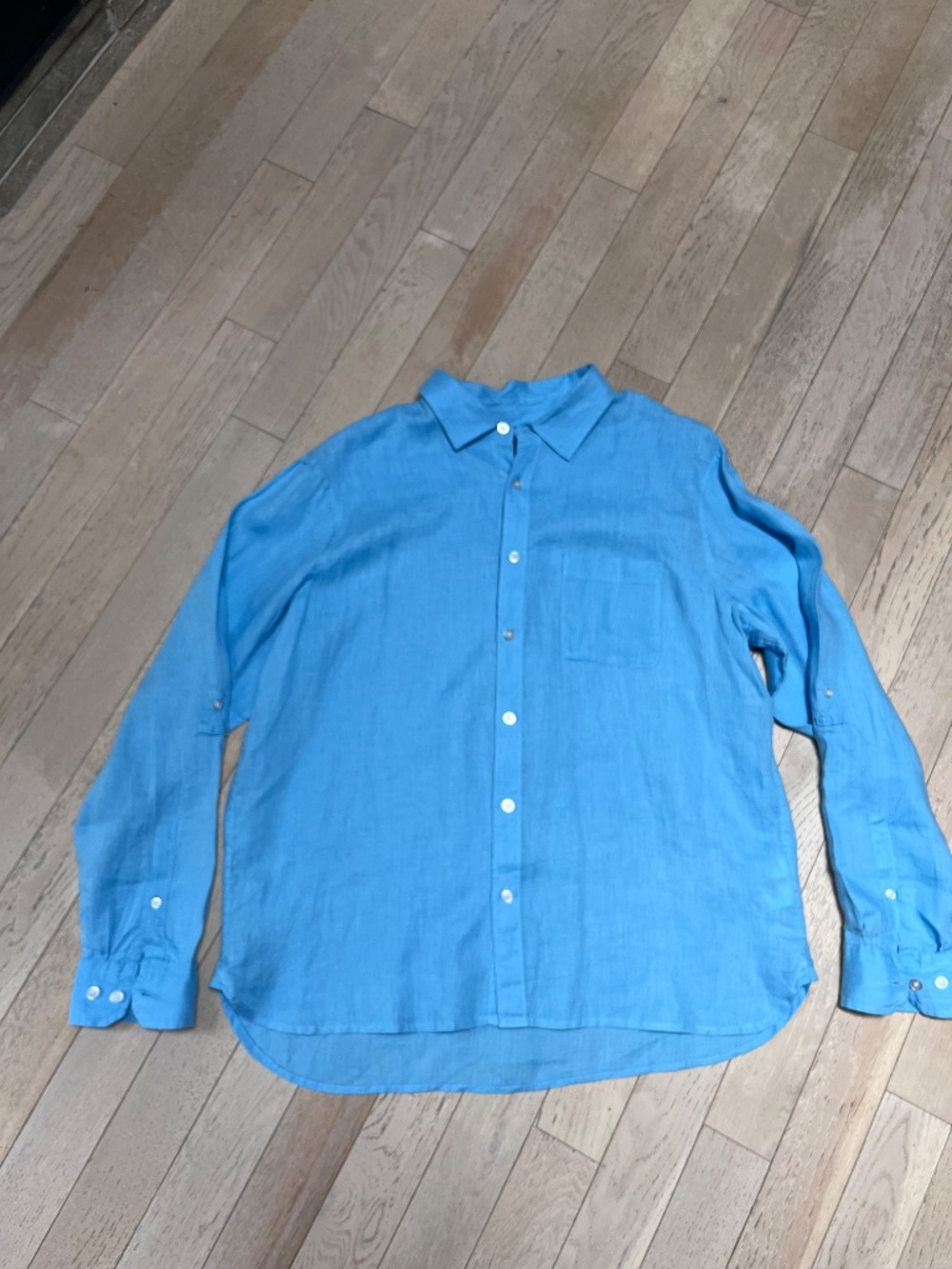 Caribbean Joe Island Supply Men's L 100% Linen Blue Button Up Shirt Long Sleeve